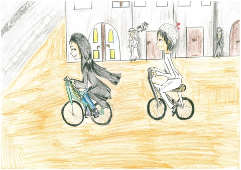 dessin au crayon de couleur d'une jeune fille voilée qui va à vélo